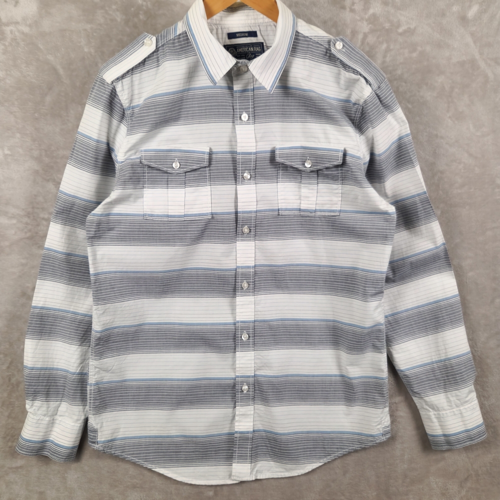 American Rag Blue and White Striped Casual Epaulette Shirt Size M